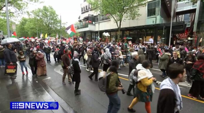경찰, 시드니, 멜버른 시위에서 테러 깃발의 존재 여부 조사 Organisers of the pro-Palestine rally told media they were not affiliated with the Hezbollah flag wavers. (Nine)