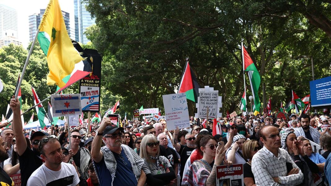 Pro-Palestine demonstrators at Hyde Park in Sydney. (Dominic Lorrimer)