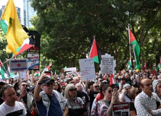 중동 진영 갈등 호주 대중 시위에 반대여론 대세 Pro-Palestine demonstrators at Hyde Park in Sydney. (Dominic Lorrimer)