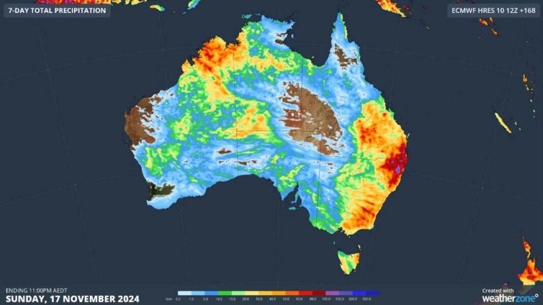 Accumulated rain this week indicating where the rain and storms were expected to occur over the next seven days. Picture Weatherzone