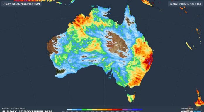 호주, 다음 주 내내 계속되는 폭풍 날씨로 잠길 위험에 처하다 Accumulated rain this week indicating where the rain and storms were expected to occur over the next seven days. Picture Weatherzone