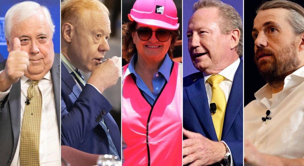 Clive Palmer, Anthony Pratt, Gina Rinehart, Andrew Forrest and Mike Cannon-Brookes are among Australia's 47 billionaires. (Nine)