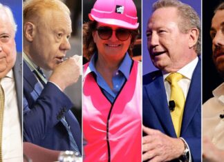 시간당 67,000달러 버는 47명의 호주 사람들 Clive Palmer, Anthony Pratt, Gina Rinehart, Andrew Forrest and Mike Cannon-Brookes are among Australia's 47 billionaires. (Nine)