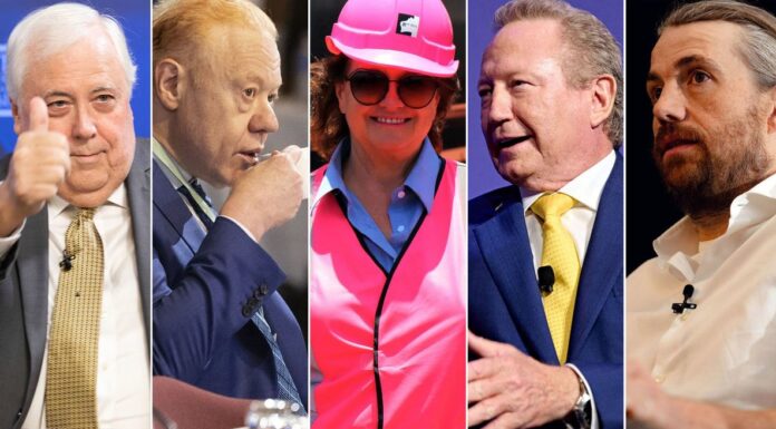 시간당 67,000달러 버는 47명의 호주 사람들 Clive Palmer, Anthony Pratt, Gina Rinehart, Andrew Forrest and Mike Cannon-Brookes are among Australia's 47 billionaires. (Nine)