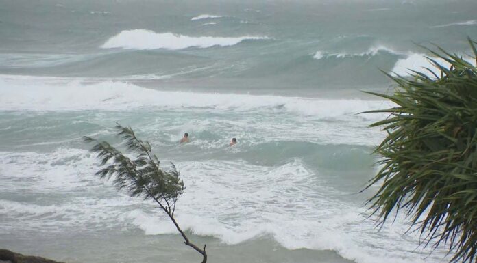 NSW 바이런 베이에서 배낭여행객 사이클론 속에도 바다 수영 Locals on the shore called NSW Police and the Westpac rescue helicopter was put on standby. (Nine)