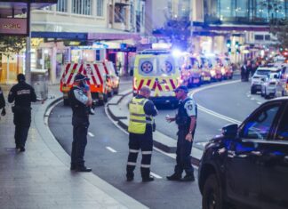 호주 본다이 정션 쇼핑몰 참극, 가해자 총기 소지 자격 있었던 사실 드러나 Bondi Junction Westfield and streets surrounding were in lockdown and closed as police and ambulance responded to Cauchi's attack. (Dion Georgopoulos The Sydney Morning Herald)