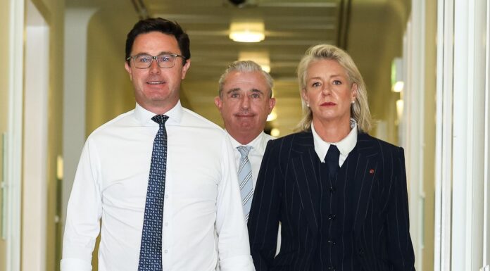 호주 80년 전통 자유-국민 연정 붕괴 David Littleproud, Kevin Hogan and Bridget McKenzie are the Nationals' leadership team. (Alex Ellinghausen)