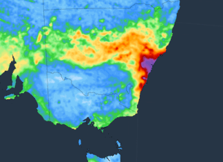 NSW 해안 지역 폭우와 홍수 및 강풍 경고 Weatherzone image of the forecast accumulated rain over the 7 days starting at 10am AEST on Monday, July 28, 2025. (Weatherzone)