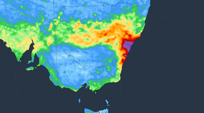 NSW 해안 지역 폭우와 홍수 및 강풍 경고 Weatherzone image of the forecast accumulated rain over the 7 days starting at 10am AEST on Monday, July 28, 2025. (Weatherzone)