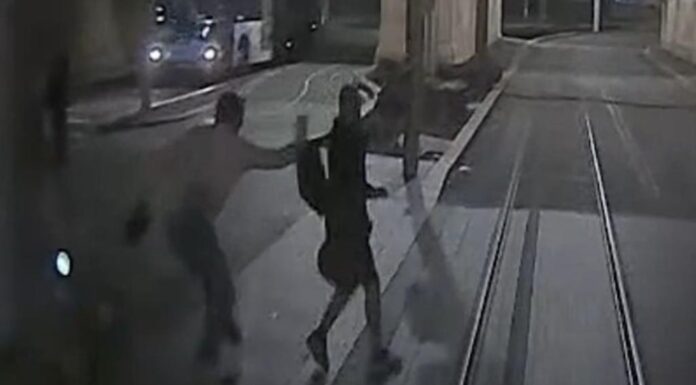 시드니 경전철의 아찔하고 아슬아슬한 사고들 Footage has been released showing a man being saved from being hit by a Sydney tram by someone yanking them by their backpack. Picture Supplied_news.com.au