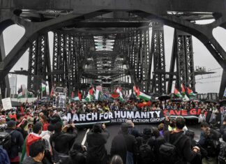 시드니 – 10만 명 넘는 친팔레스타인 시위, 알바니지 “놀랍지 않다” Pro-Palestinian protesters march across the Sydney Harbour Bridge to call for an end to Israel's war in Gaza. (Dean Sewell)_9news