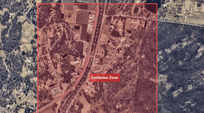 호주 퀸즐랜드, NSW 인근에서 연료 탱커 전복 긴급사태발생 A map with the exclusion zone charted. (Supplied)_9NEWS