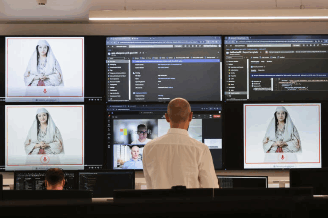 Albanian experts work at the National Agency for Information Society as an artificial intelligence minister Diella, whose name means Sun in Albanian, is seen on the screens in Tirana, Albania. (AP PhotoVlasov Sulaj)