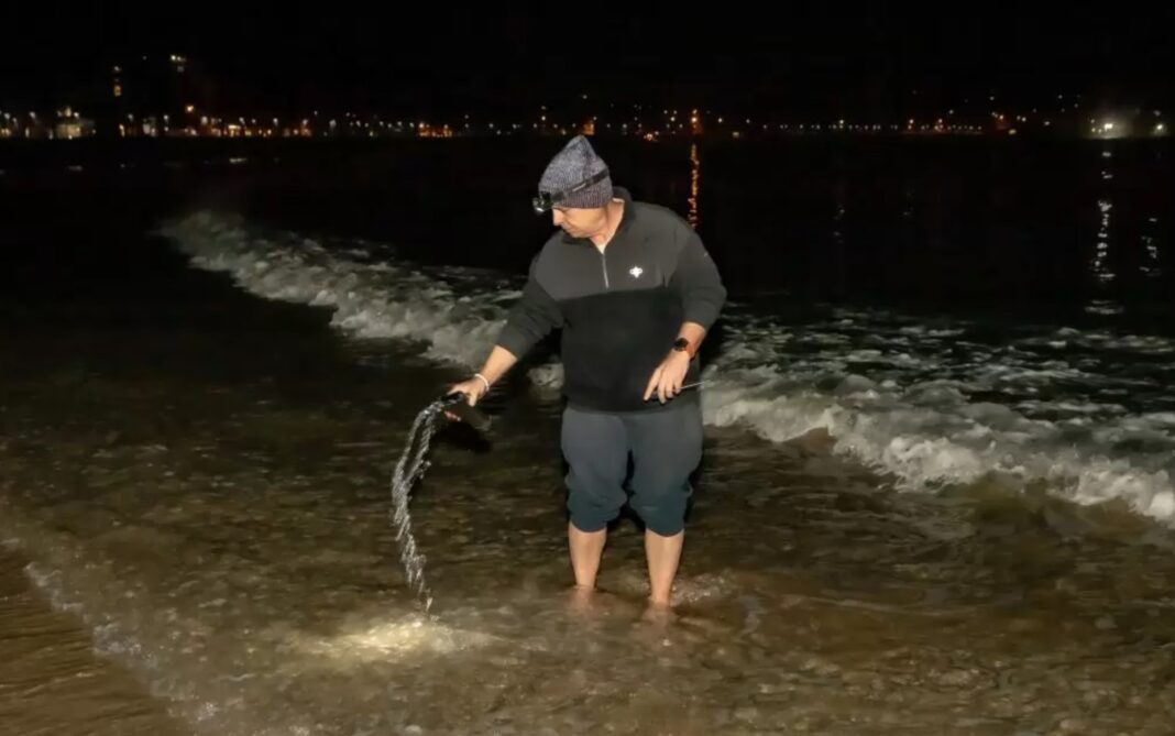 Guy Dunstan measures the sea water temperature on Manly seafront before dawn every morning and writes the numbers in chalk on the southern wall above the beach. Photo Alec Smart