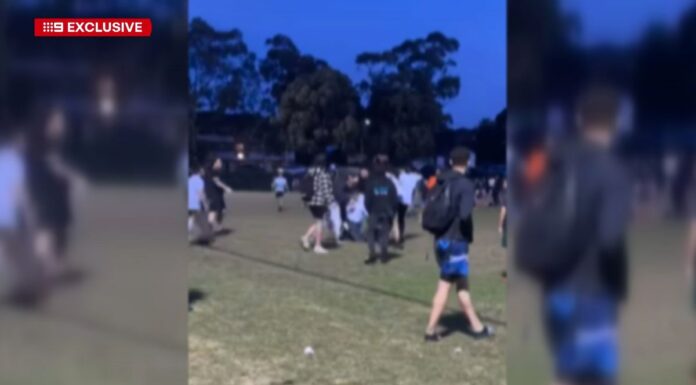 시드니 오즈태그 경기중 대규모 난투극 발생 Witnesses told 9News it escalated in just a matter of minutes, involving dozens of people. (Supplied)