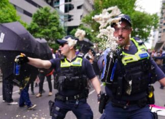 호주 멜버른, 반이민 폭력 시위 영상 공개 Police in Melbourne hit multiple people with capsicum spray. Picture NewsWire Luis Enrique Ascui_news.com.au