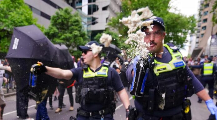 호주 멜버른, 반이민 폭력 시위 영상 공개 Police in Melbourne hit multiple people with capsicum spray. Picture NewsWire Luis Enrique Ascui_news.com.au