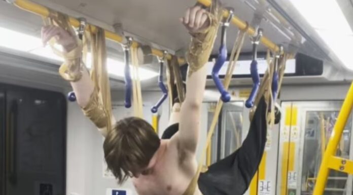 호주 시드니, 10대 공공교통 ‘퍼포먼스 아트’ 체포 One of the alleged stunts included Joshua Cherub duct taping himself to the overhead railings of a Sydney train. Picture Instagram_news.com.au