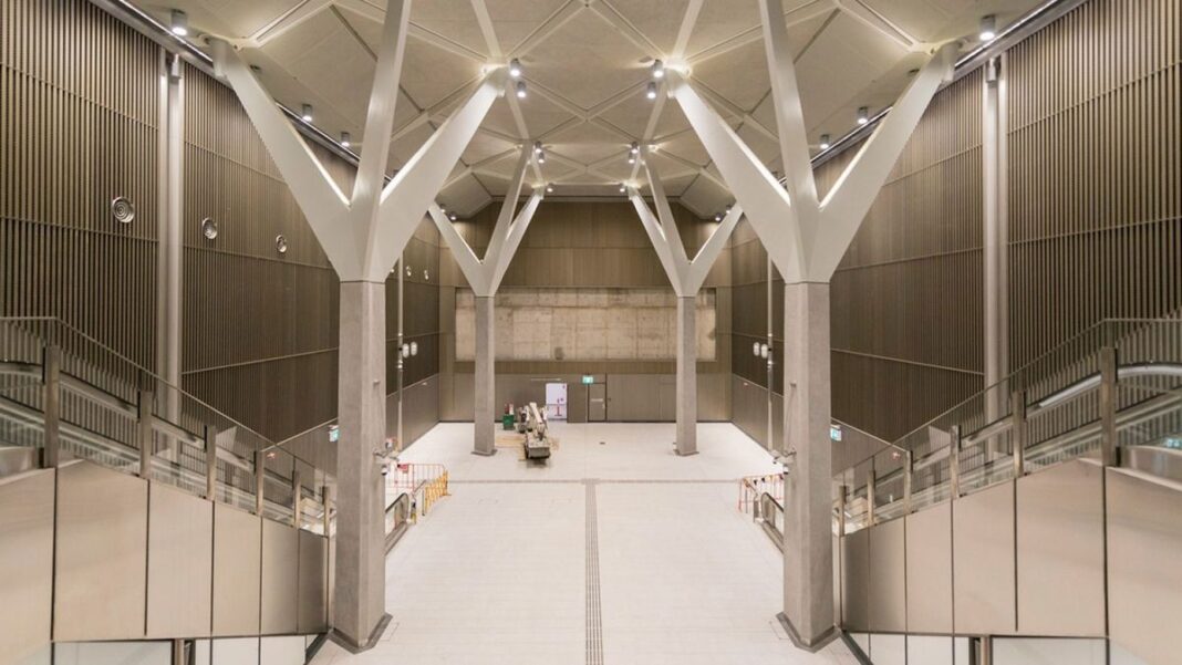 The station features a grand entrance hall below City Square with a roof supported by high columns shaped like huge tree branches. (Supplied)_ninenews