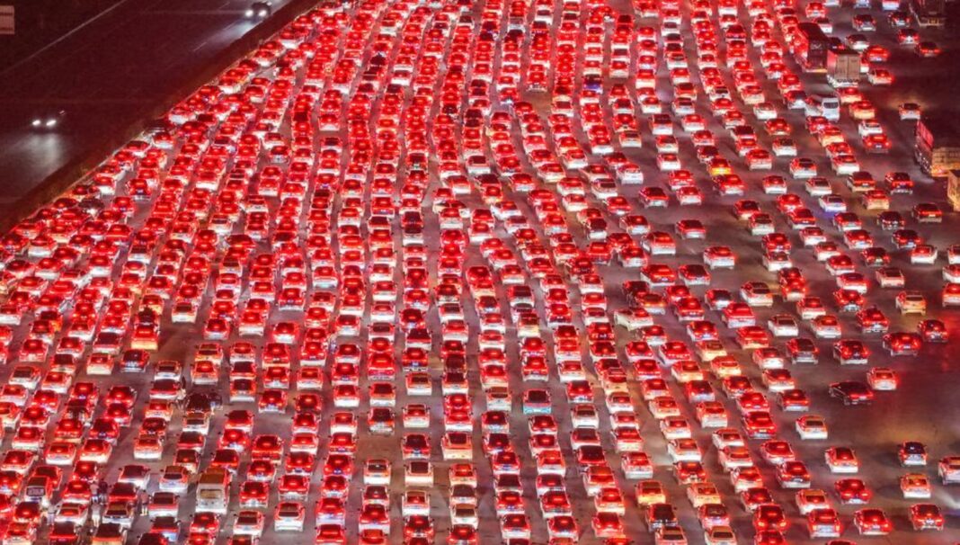 Aerial view of traffic at the Wuzhuang Toll Station on October 7. Picture Fang DongxuVCG via Getty Images