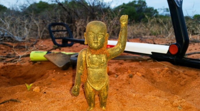 서호주 샤크베이에서 발견된 명나라 불상, 중국 반환 요구 The Baby Buddha, weighing just over a kilogram, was unearthed from the red sands of Shark Bay. (Supplied Shayne Thompson)_ABCNEWS
