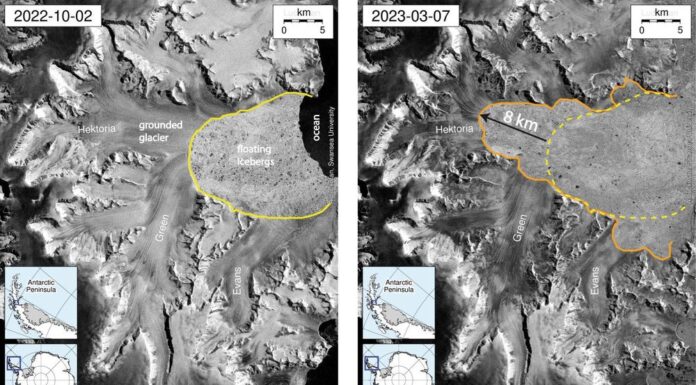 남극 헥토리아 빙하, 두 달 만에 절반 붕괴…과학자들 “해수면 상승 우려” Between 2022 and 2023, broken fast ice allowed ocean water to reach the Hektoria glacier, shrinking it by half. (Photo Adrian Luckman via CNN Newsource) (CNN)_9news