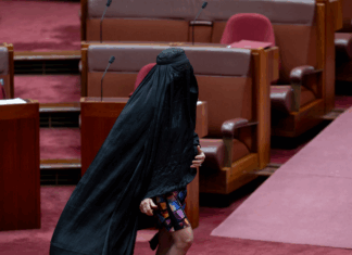 상원에서 부르카 착용 헨슨 상원 의원 직무정지 Senator Pauline Hanson wears a burqa in the Senate at Parliament House in Canberra yesterday. (Dominic Lorrimer)