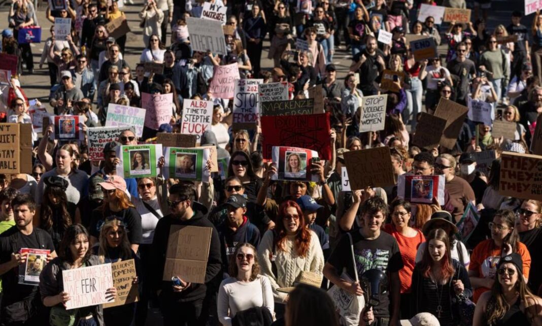 People march towards Victoria’s Parliament House during a national rally against domestic and gender violence on May 10. Picture NewsWireDiego Fedele_news.com.au