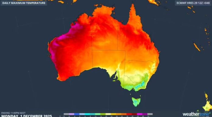 호주, 여름 시작 12월 첫날, 눈과 폭염 동시에 The forecast temperatures across Australia for the first day of summer on December 1, 2025. (Weatherzone)_9NEWS