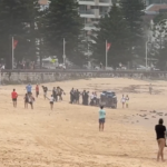 04.A group pulled the man from the water and onto the sand. (Nine)