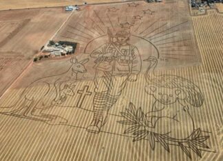 남호주 프릴링 농부, 대지에 대형 벽화로 오스트렐리아데이 헌사 The man from Freeling, north of Adelaide, began tilling the mural with a tractor in the lead-up to January 26. Picture Supplied_NEWS.COM.AU