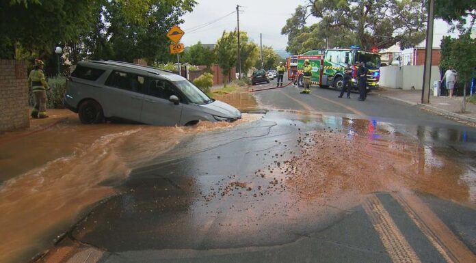 애들레이드 싱크홀에 렌트카 빠져 공항행 중단 A couple's drive to the airport has taken a shocking turn after their hire car fell into a large sinkhole in Adelaide. (Nine)