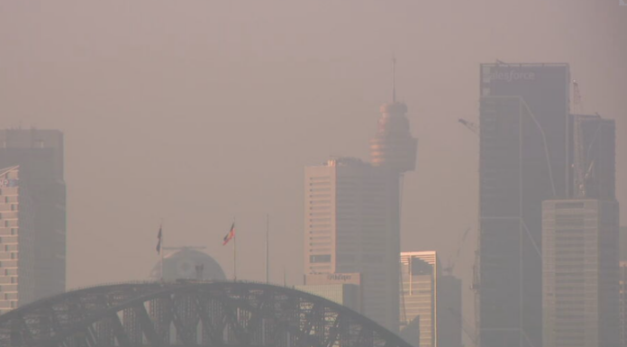 NSW 시드니, 미드 노스 코스트 산불 연기 뒤덮여 Sydneysiders woke to a hazy skyline today after overnight bushfires blew smoke down the coast. (Today)_9news