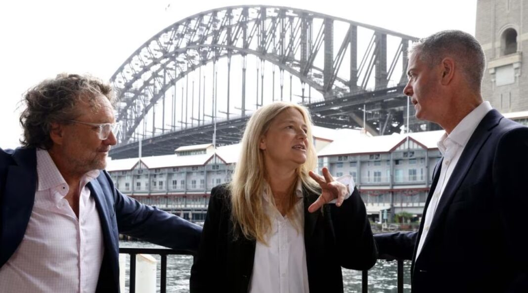 Actor, director and producer Jeremy Sims (left) with co-founder of Made Up Stories Bruna Papandrea and Arts Minister John Graham (right)