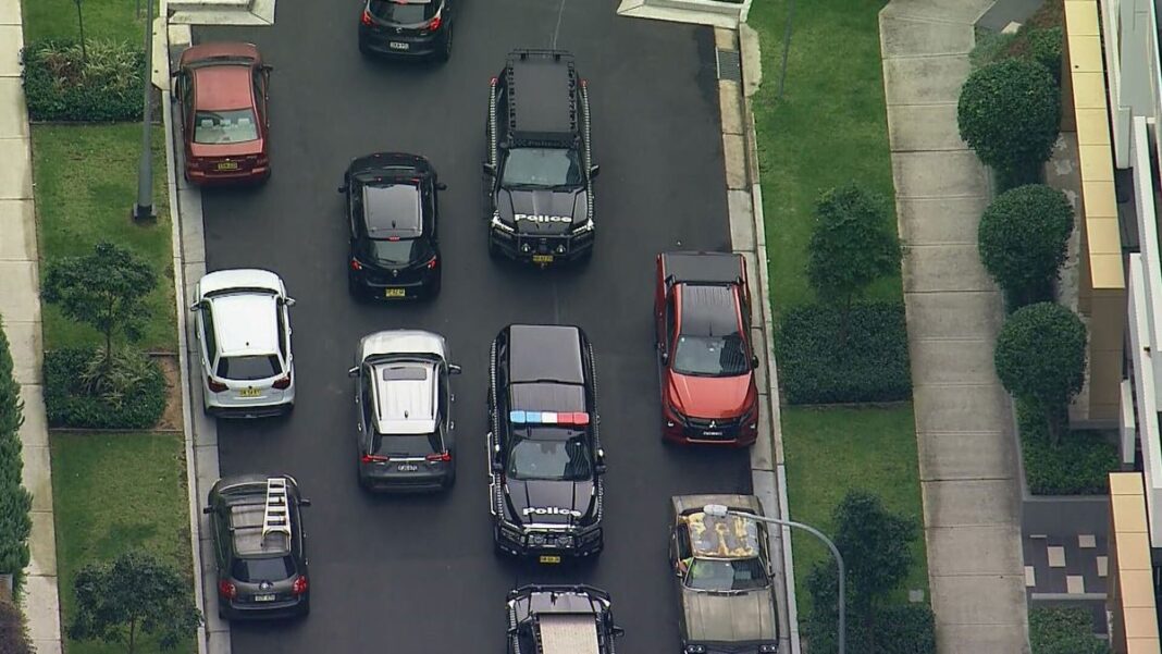 Police have swarmed a street in Sydney's west after a woman was allegedly threatened by a man with a gun. (9News)