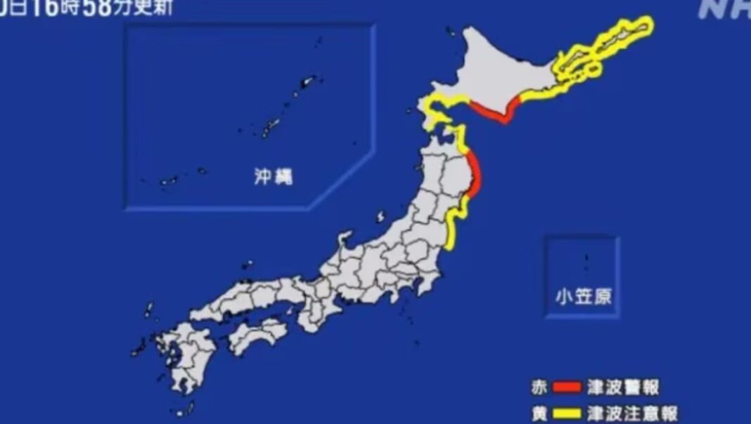 Broadcaster NHK has published a map of where the tsunami is expected to hit. The yellow parts are tsunami advisories, while the red zones are where tsunami warnings have been issued._9news