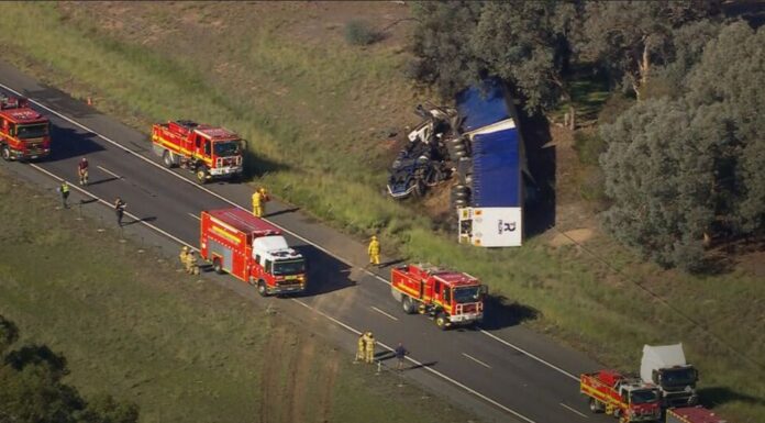 빅토리아 바이올렛타운 대형 화물차 추돌로 1명 사망 A truck crash has closed the Hume Freeway at Violet Town. (Nine)