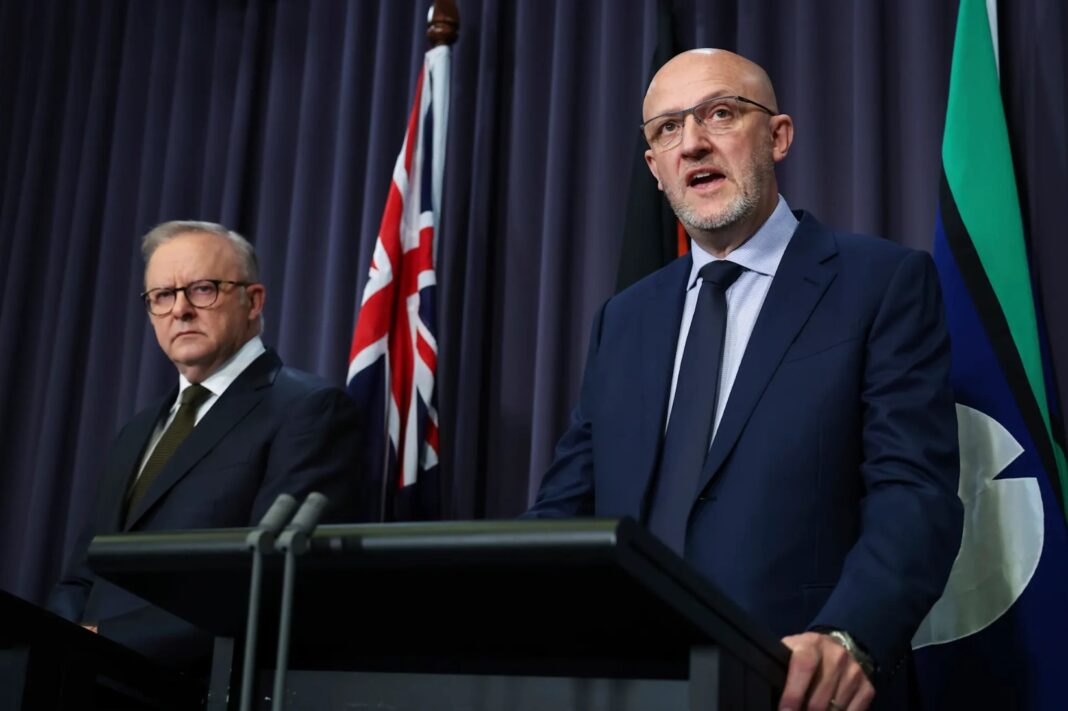 Prime Minister Anthony Albanese and ASIO Director-General Mike Burgess at Sunday night’s press conference.Alex Ellinghausen_sydney morning herald