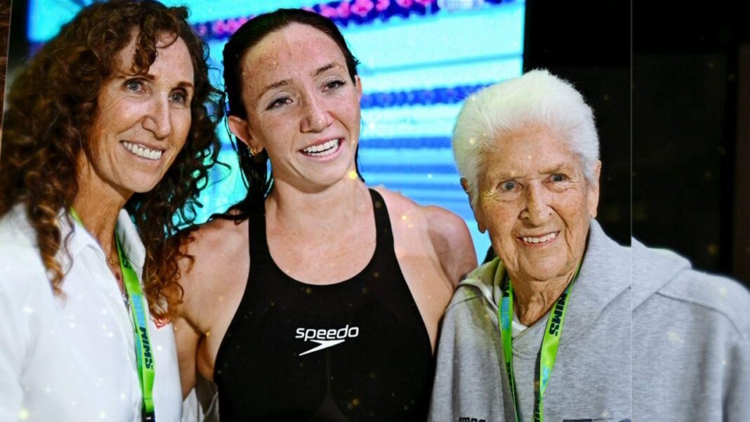 Lani Pallister with mum Janelle and god-mother Dawn Fraser. Credit 7NEWS