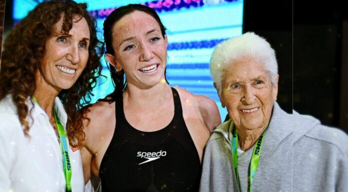 글래스고 커먼웰스게임, 호주 수영 명문가 2세들의 금메달 도전 Lani Pallister with mum Janelle and god-mother Dawn Fraser. Credit 7NEWS