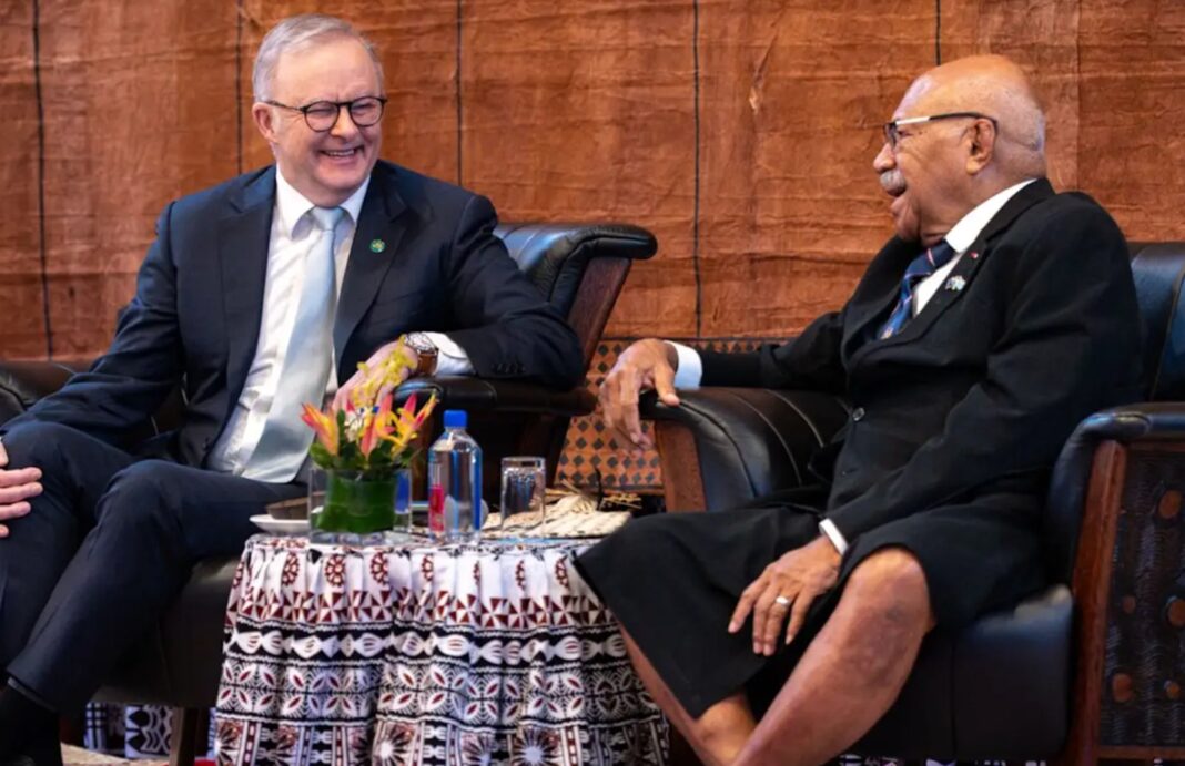 Prime Minister Anthony Albanese meets his Fijian counterpart Sitiveni Rabuka in Suva on Monday. Anthony Albanese_9news