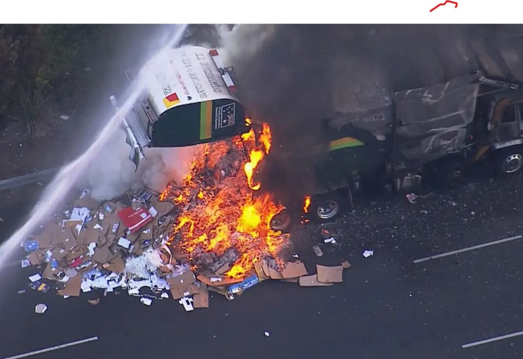 8.Garbage truck bursts into flames on busy Sydney motorway during peak hour 9News Garbage truck bursts into flames on busy Sydney motorway during peak hour 9News