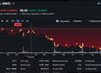 나이키, S & P 100 지수에서 18년 만에 퇴출 Nike's share price collapse has continued for five years. Picture Yahoo Finance_news.com.au