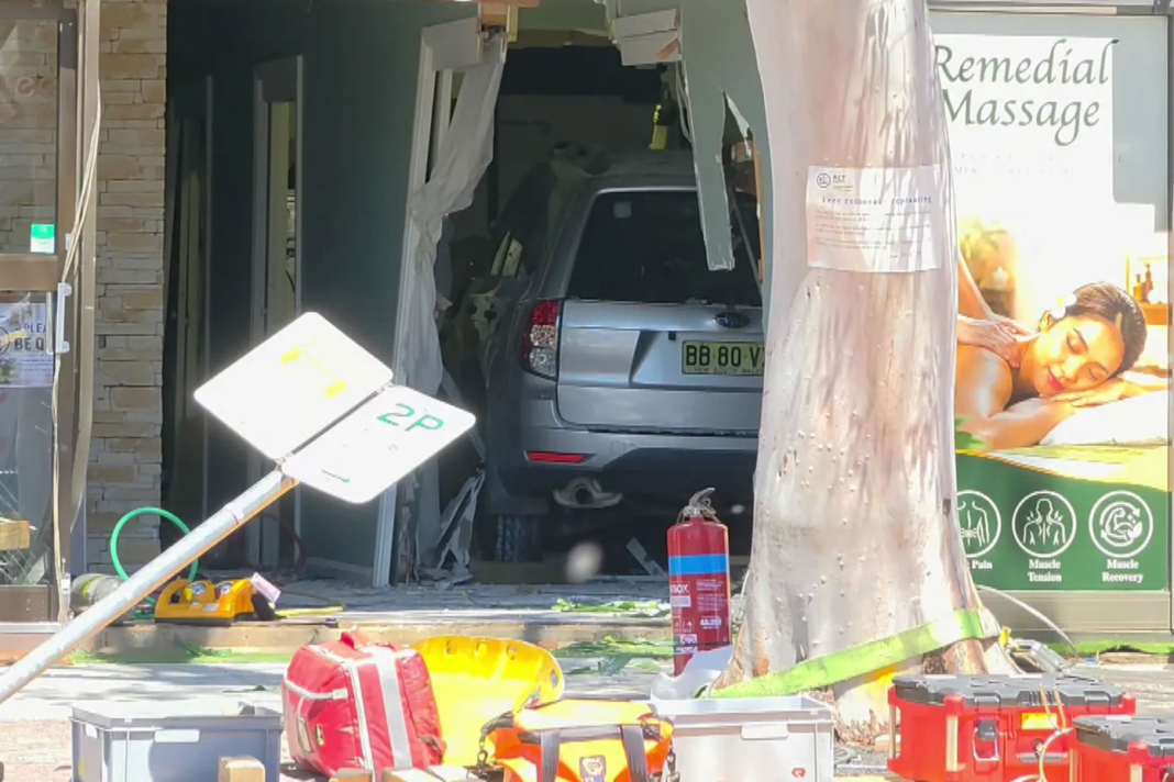3.The car ploughed through the massage spa at about midday on Friday. 9News The car ploughed through the massage spa at about midday on Friday. 9News